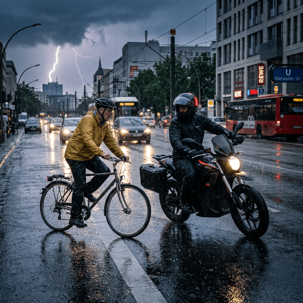 Cyclist wearing yellow jacket and motorcyclist in rain gear on wet city street with lightning in background