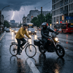 Cyclist wearing yellow jacket and motorcyclist in rain gear on wet city street with lightning in background