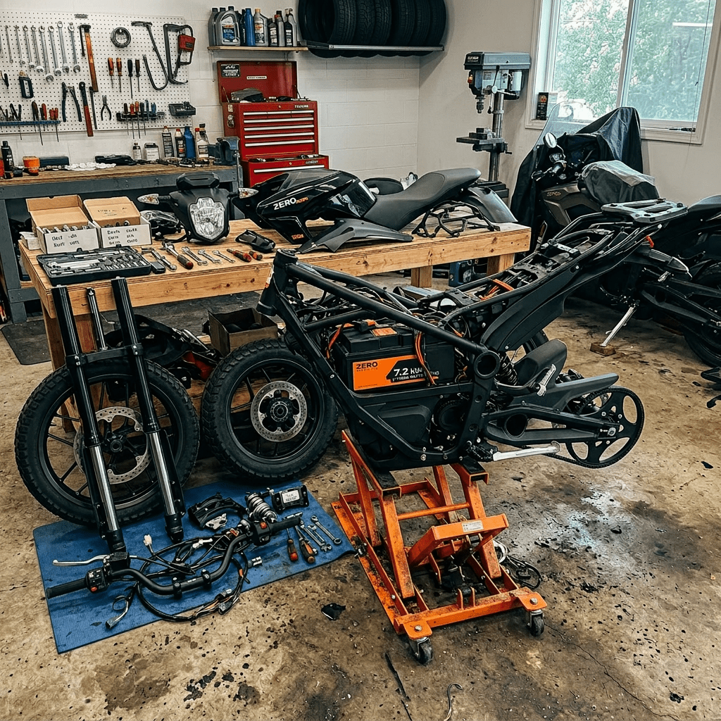 Disassembled black Zero electric motorcycle on a lift with parts and tools laid out in a garage workshop