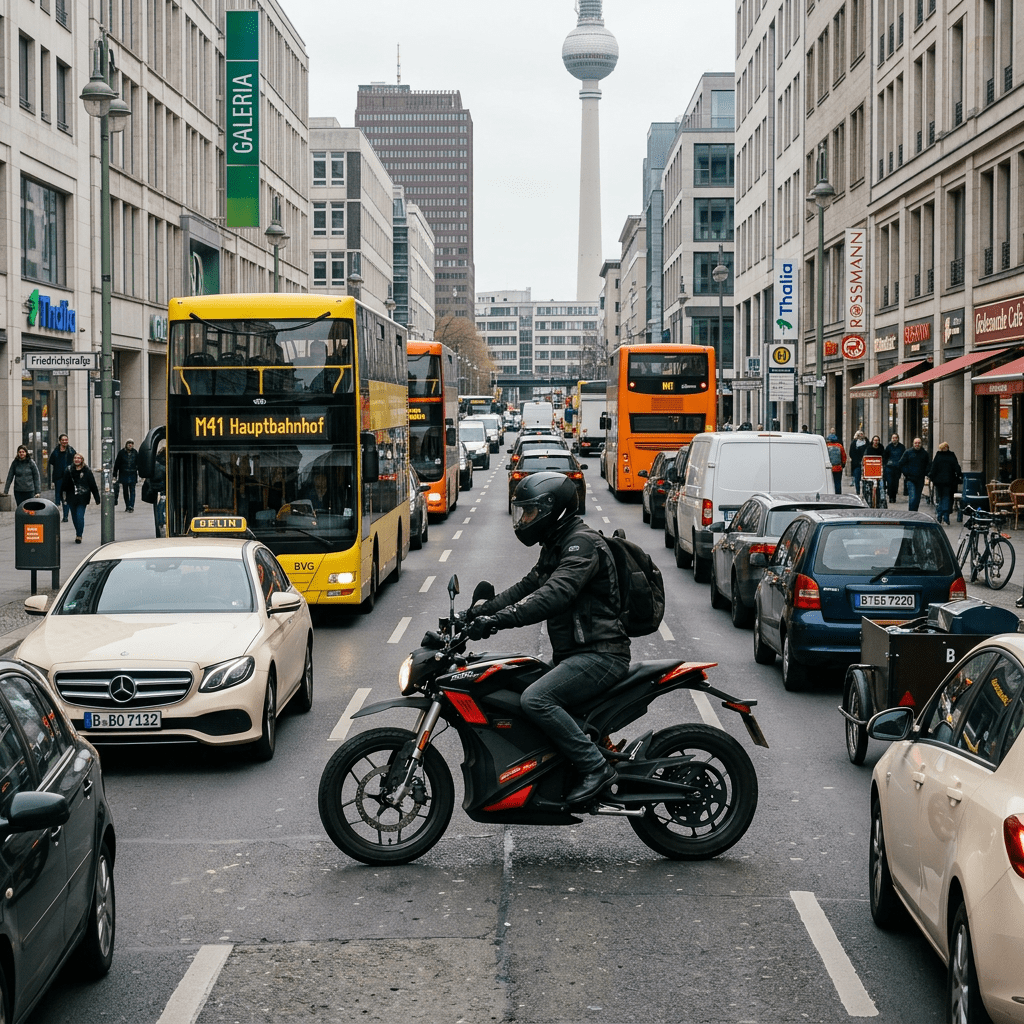 Motorcyclist stopped in traffic between cars and red buses on a busy London street