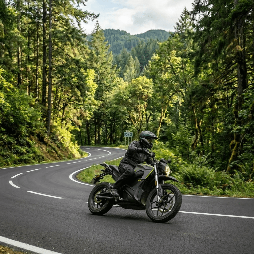 Motorcyclist wearing helmet and gear riding on curved road through dense green forest