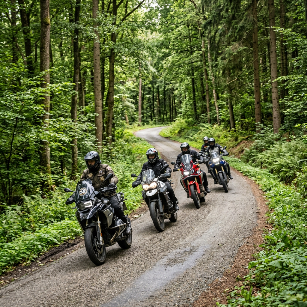 Four motorcyclists riding on a narrow forest road with lush trees